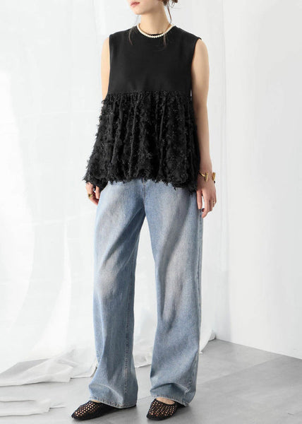 Line Black Cotton Sleeveless Tops A Patchwork Tasseled FashionChic