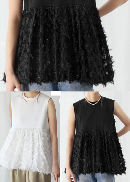 Line Black Cotton Sleeveless Tops A Patchwork Tasseled FashionChic