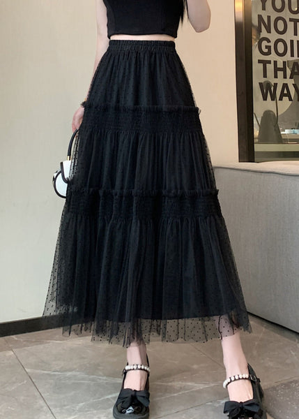 Black Patchwork Italian Tulle Skirt Ruffled Elastic Waist Spring QQ1059 Ada Fashion