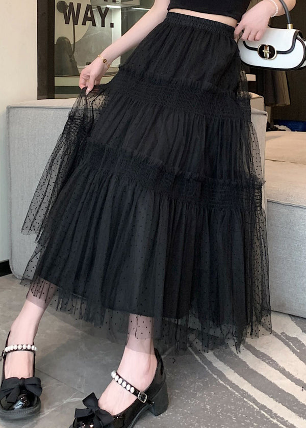 Black Patchwork Italian Tulle Skirt Ruffled Elastic Waist Spring QQ1059 Ada Fashion