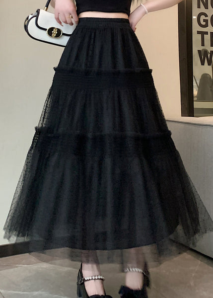 Black Patchwork Italian Tulle Skirt Ruffled Elastic Waist Spring QQ1059 Ada Fashion