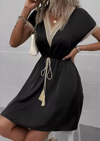 Dress Patchwork V Lace Waist Summer Tie Black Neck FashionChic