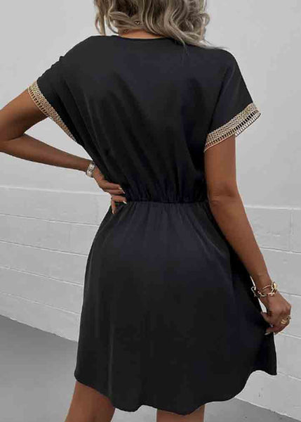 Dress Patchwork V Lace Waist Summer Tie Black Neck FashionChic