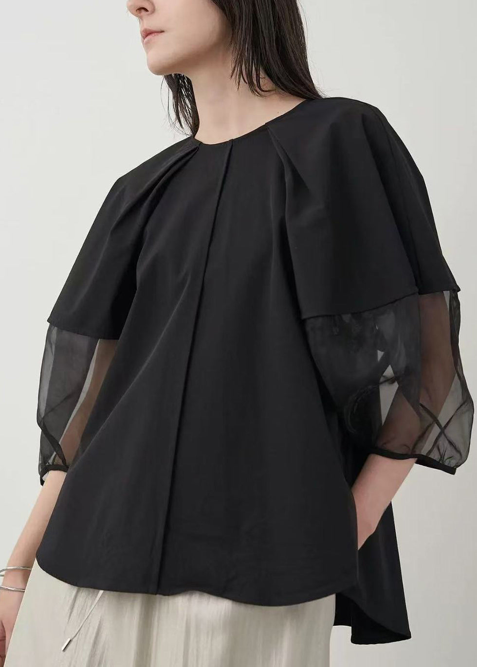 Black Sleeve Oversized Shirt Patchwork Organza Puff FashionChic