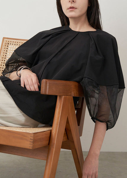 Black Sleeve Oversized Shirt Patchwork Organza Puff FashionChic