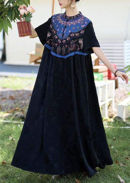 Black Patchwork Silk Long Dress Ruffled Jacquard Stand Collar Summer WW1019 Ada Fashion