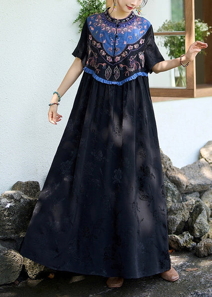 Black Patchwork Silk Long Dress Ruffled Jacquard Stand Collar Summer WW1019 Ada Fashion