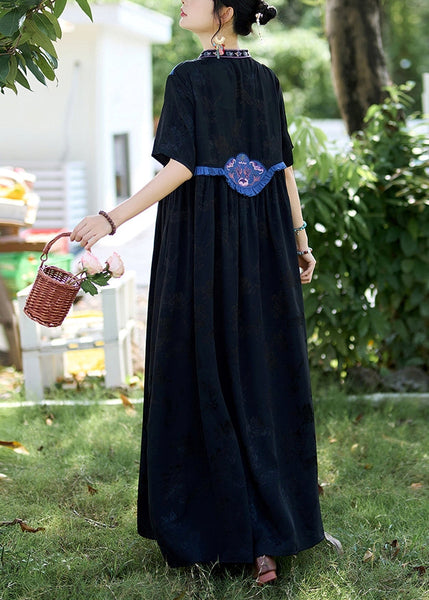 Black Patchwork Silk Long Dress Ruffled Jacquard Stand Collar Summer WW1019 Ada Fashion