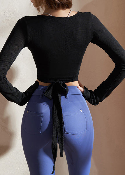 Patchwork Solid Yoga Shirts Black Waist Tie FashionChic