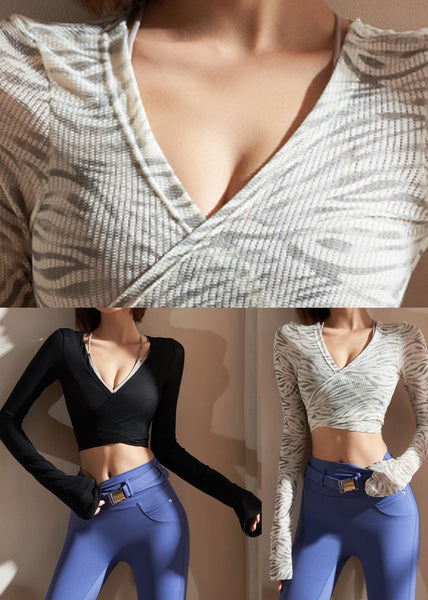 Patchwork Solid Yoga Shirts Black Waist Tie FashionChic