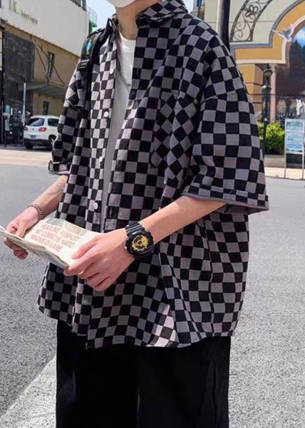 Half Plaid Men Peter Cotton Button Black Collar Shirts Pan Sleeve FashionChic