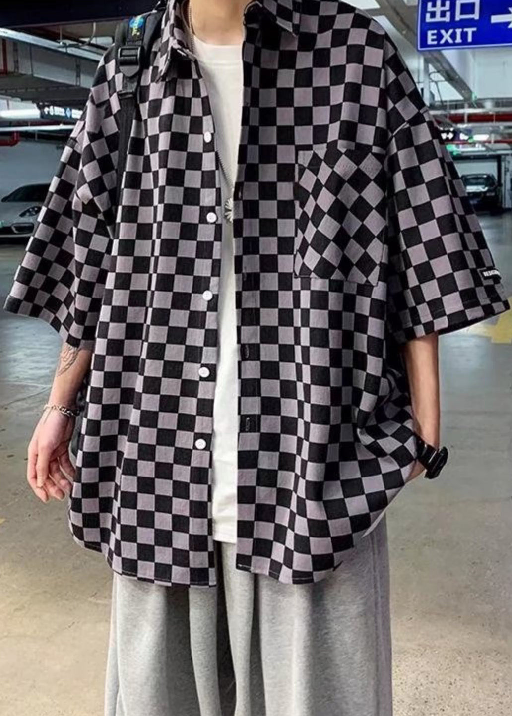 Half Plaid Men Peter Cotton Button Black Collar Shirts Pan Sleeve FashionChic