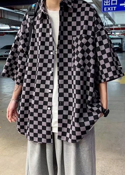 Half Plaid Men Peter Cotton Button Black Collar Shirts Pan Sleeve FashionChic