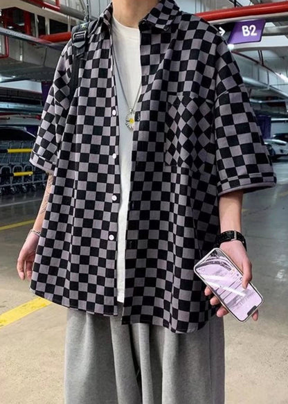 Half Plaid Men Peter Cotton Button Black Collar Shirts Pan Sleeve FashionChic