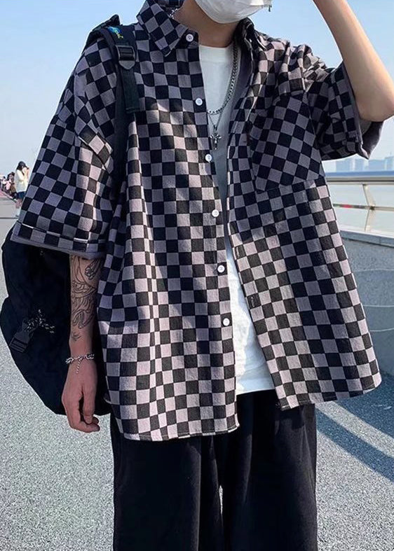 Half Plaid Men Peter Cotton Button Black Collar Shirts Pan Sleeve FashionChic