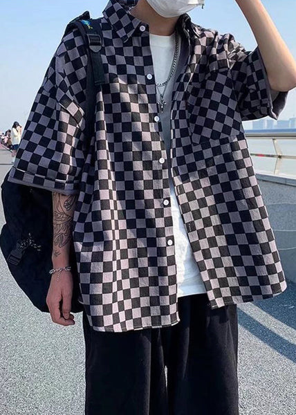 Half Plaid Men Peter Cotton Button Black Collar Shirts Pan Sleeve FashionChic