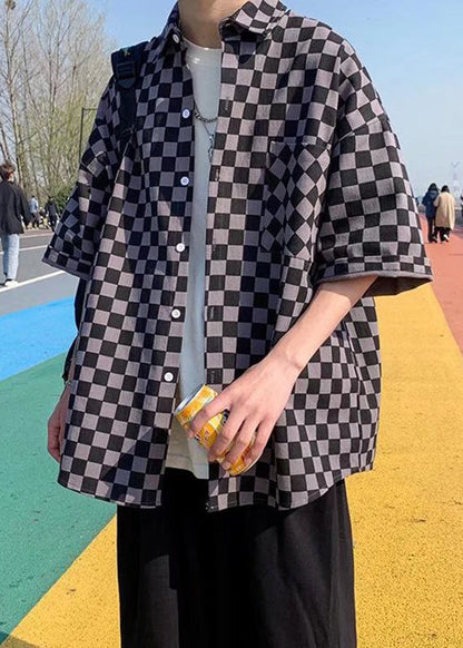 Half Plaid Men Peter Cotton Button Black Collar Shirts Pan Sleeve FashionChic