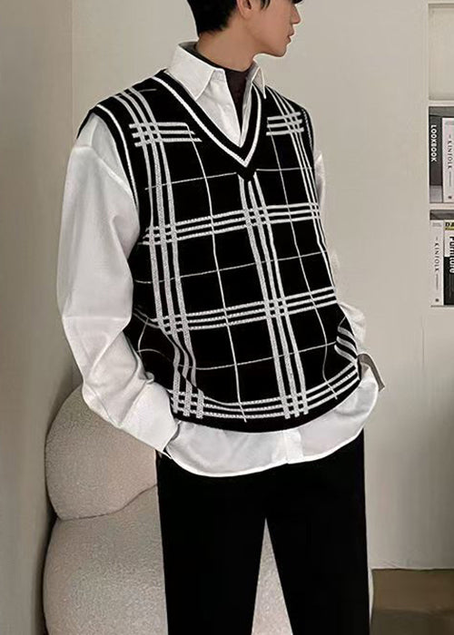 Black Plaid Loose Knit Men Waistcoat V Neck Sleeveless RJ033 ABC