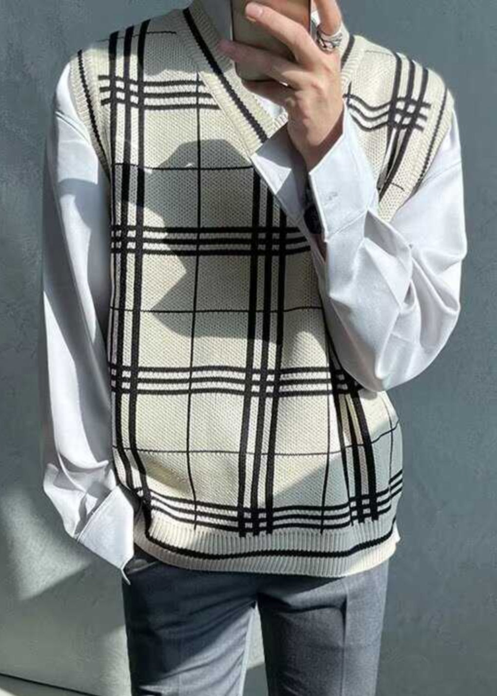 Black Plaid Loose Knit Men Waistcoat V Neck Sleeveless RJ033 ABC