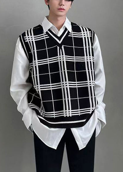 Black Plaid Loose Knit Men Waistcoat V Neck Sleeveless RJ033 ABC