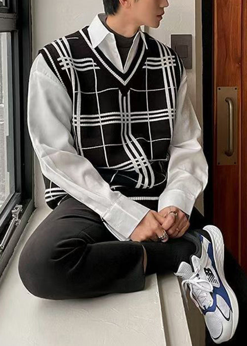 Black Plaid Loose Knit Men Waistcoat V Neck Sleeveless RJ033 ABC