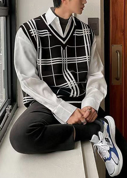 Black Plaid Loose Knit Men Waistcoat V Neck Sleeveless RJ033 ABC