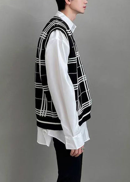Black Plaid Loose Knit Men Waistcoat V Neck Sleeveless RJ033 ABC