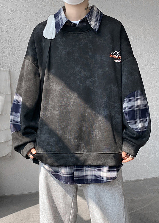 Black Fleece Collar Warm Peter Sweatshirt Men Pan Plaid Patchwork FashionChic