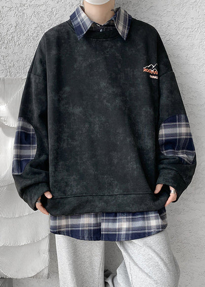 Black Fleece Collar Warm Peter Sweatshirt Men Pan Plaid Patchwork FashionChic