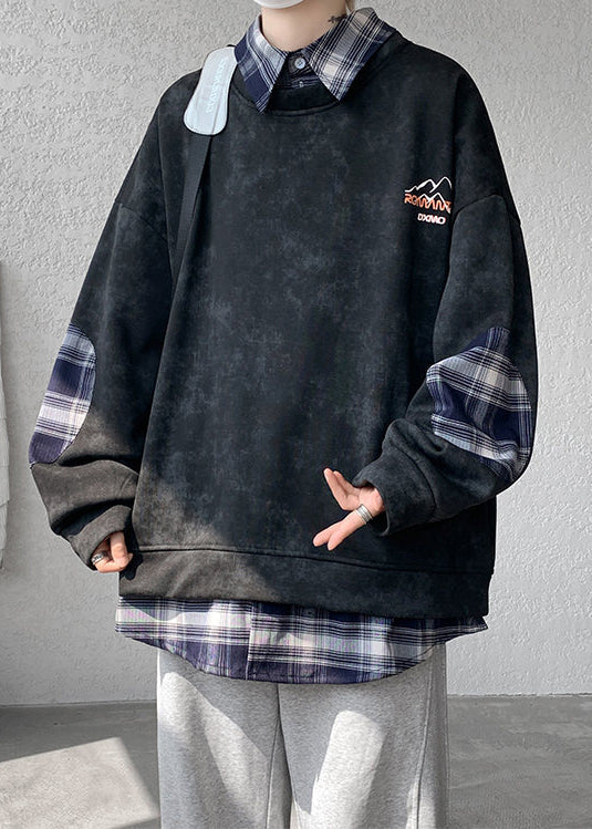 Black Fleece Collar Warm Peter Sweatshirt Men Pan Plaid Patchwork FashionChic