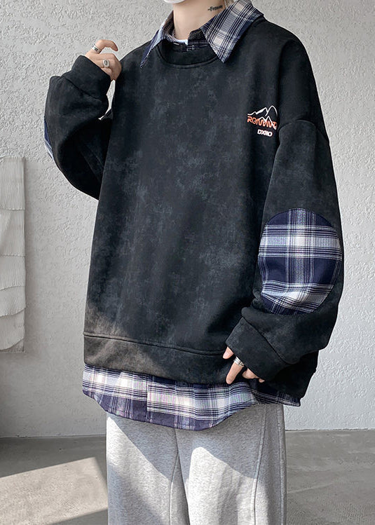 Black Fleece Collar Warm Peter Sweatshirt Men Pan Plaid Patchwork FashionChic