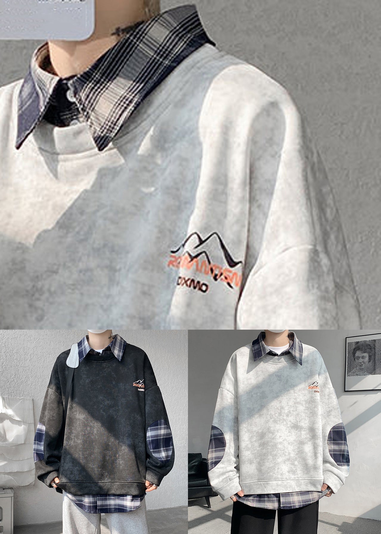 Black Fleece Collar Warm Peter Sweatshirt Men Pan Plaid Patchwork FashionChic