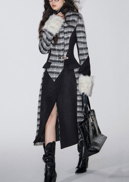 Black Plaid Patchwork Woolen Peter Pan Collar Winter WY015 OM-OL241106