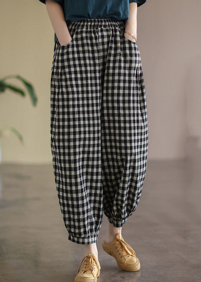 Black Plaid Pockets Plus Size Linen High Waist Crop Pants Summer FF021 MZF-CPTS240607