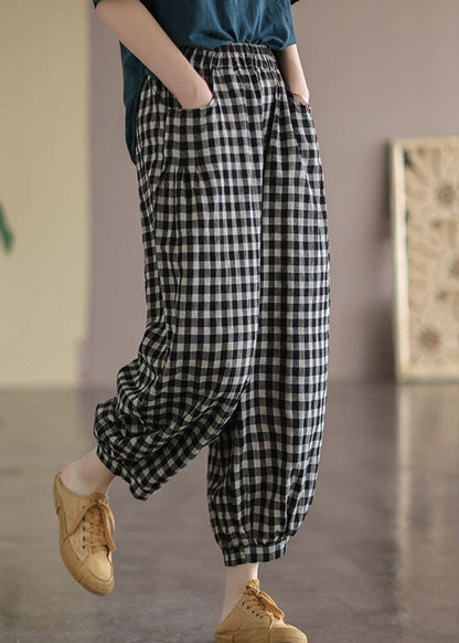 Black Plaid Pockets Plus Size Linen High Waist Crop Pants Summer FF021 MZF-CPTS240607