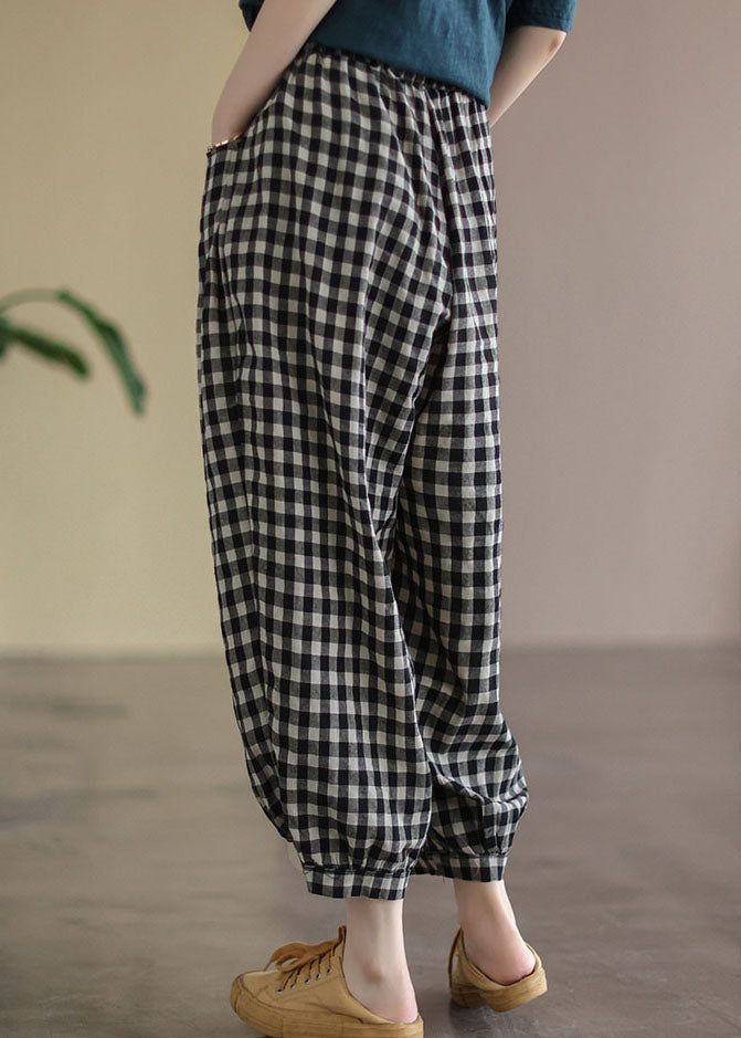 Black Plaid Pockets Plus Size Linen High Waist Crop Pants Summer FF021 MZF-CPTS240607