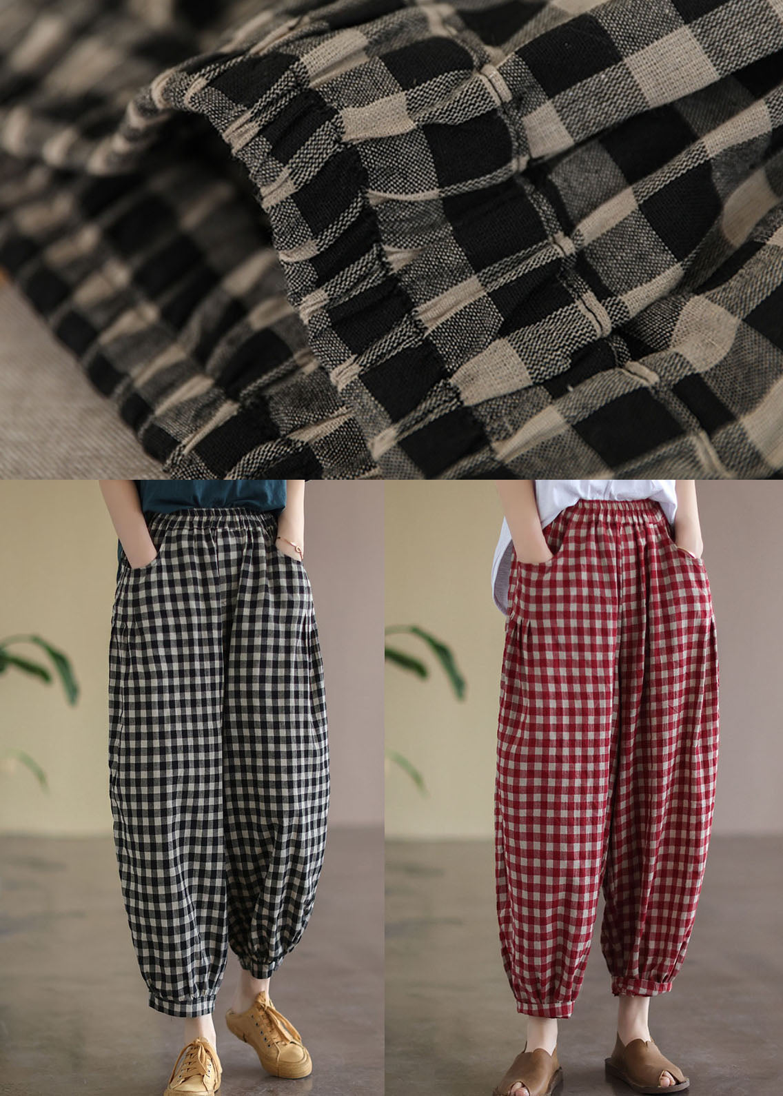 Black Plaid Pockets Plus Size Linen High Waist Crop Pants Summer FF021 MZF-CPTS240607