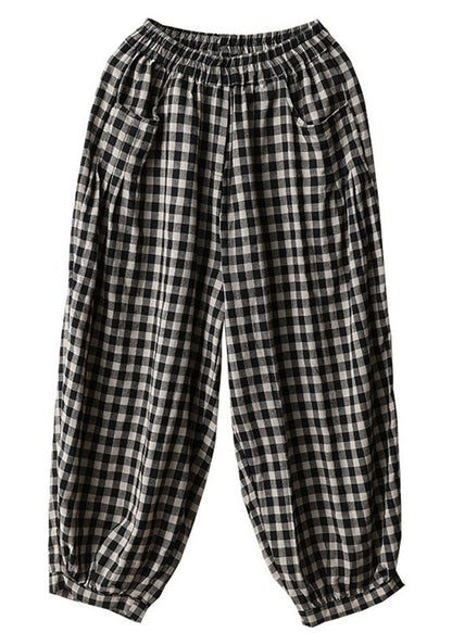 Black Plaid Pockets Plus Size Linen High Waist Crop Pants Summer FF021 MZF-CPTS240607