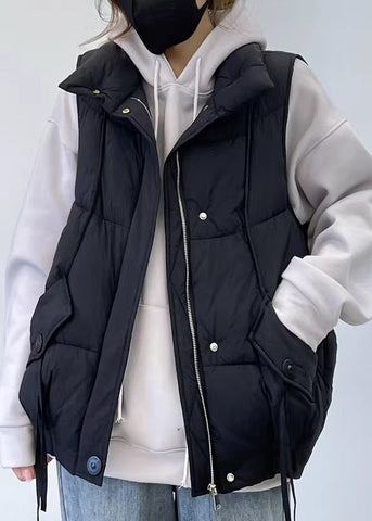 Black Pockets Cotton Filled Waistcoat Zip Up Sleeveless YW013 ABC