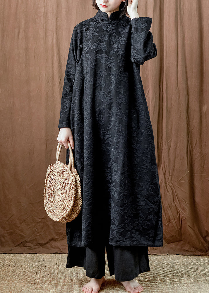 Black Pockets Cotton Long Dresses Stand Collar Fall MN064 MMDM-FDL240704