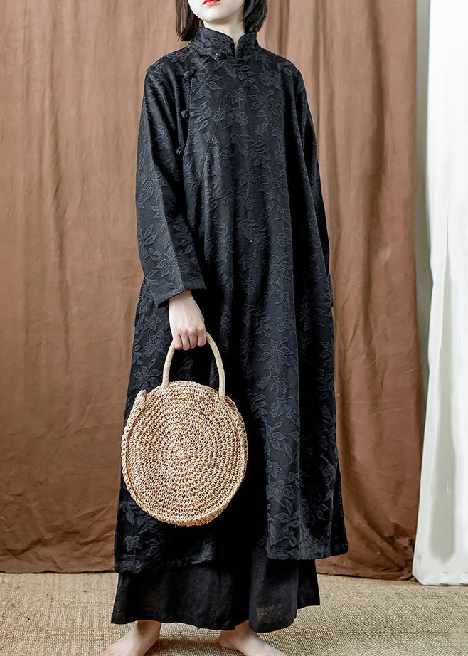 Black Pockets Cotton Long Dresses Stand Collar Fall MN064 MMDM-FDL240704