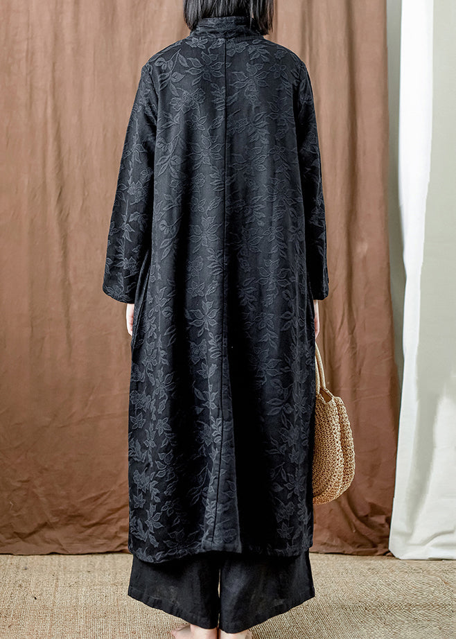 Black Pockets Cotton Long Dresses Stand Collar Fall MN064 MMDM-FDL240704