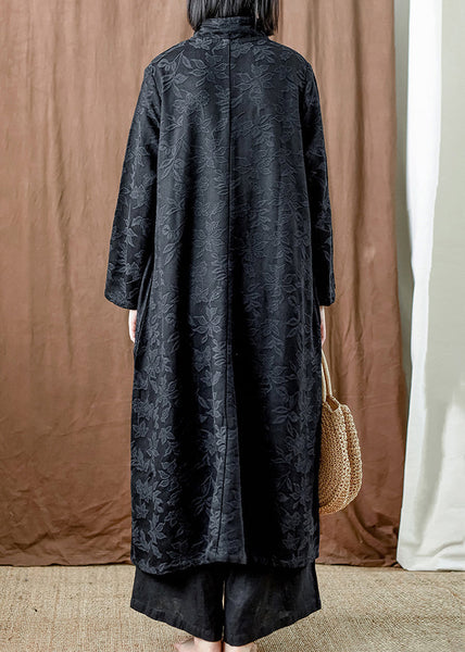 Black Pockets Cotton Long Dresses Stand Collar Fall MN064 MMDM-FDL240704