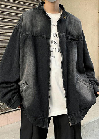 Pockets Stand Fall Coats Black Mens Collar Denim FashionChic