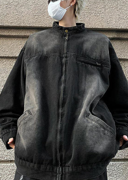 Pockets Stand Fall Coats Black Mens Collar Denim FashionChic