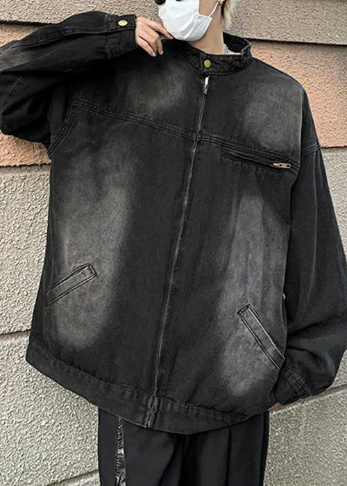 Pockets Stand Fall Coats Black Mens Collar Denim FashionChic