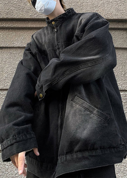 Pockets Stand Fall Coats Black Mens Collar Denim FashionChic