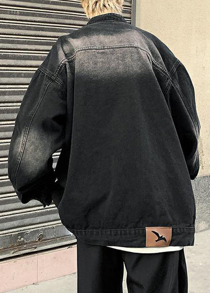Pockets Stand Fall Coats Black Mens Collar Denim FashionChic
