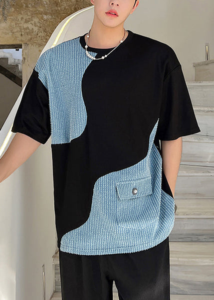 Black Neck Men Denim T O Pockets Patchwork Shirt Summer FashionChic