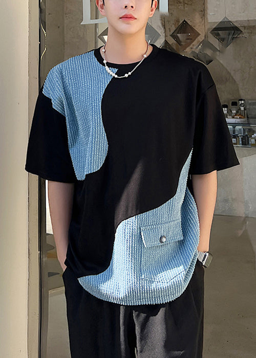 Black Neck Men Denim T O Pockets Patchwork Shirt Summer FashionChic